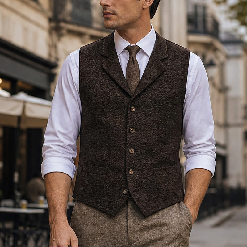 Gilet da abito da uomo a spina di pesce con catena decorativa - Caffè - 4XL - image 12