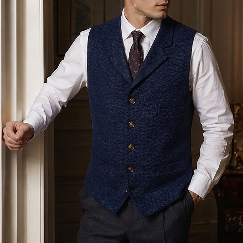 Gilet da abito da uomo a spina di pesce con catena decorativa - Blu reale - 4XL - image 5