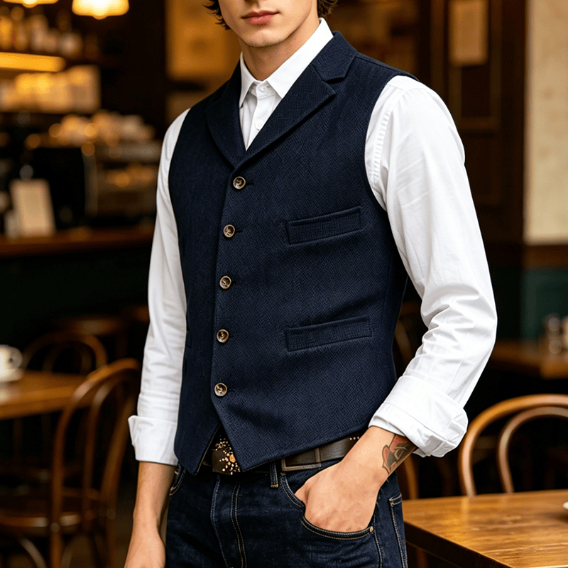 Gilet da abito da uomo a spina di pesce con catena decorativa - Blu navy - 4XL - image 8
