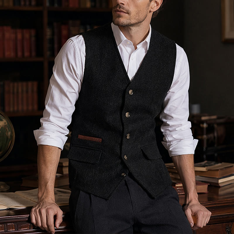 Gilet da uomo in tessuto a spina di pesce, spesso e casual, in stile britannico. - Nero - 3XL - image 8