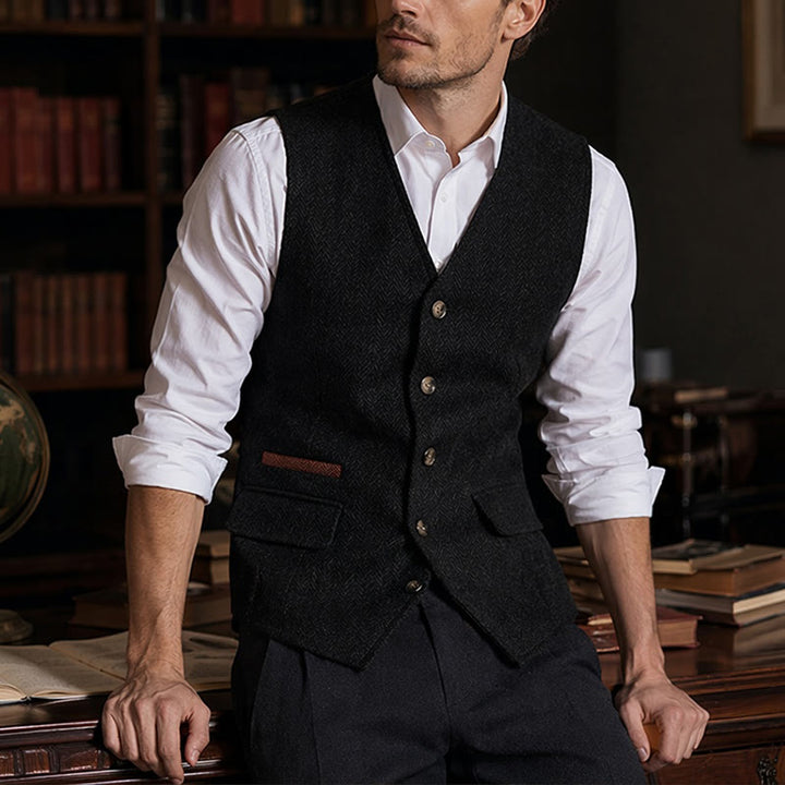 Gilet da uomo in tessuto a spina di pesce, spesso e casual, in stile britannico. - Nero - 3XL - image 8