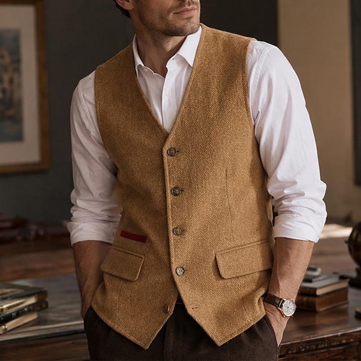 Gilet da uomo in tessuto a spina di pesce, spesso e casual, in stile britannico. - Cammello - 3XL - image 6