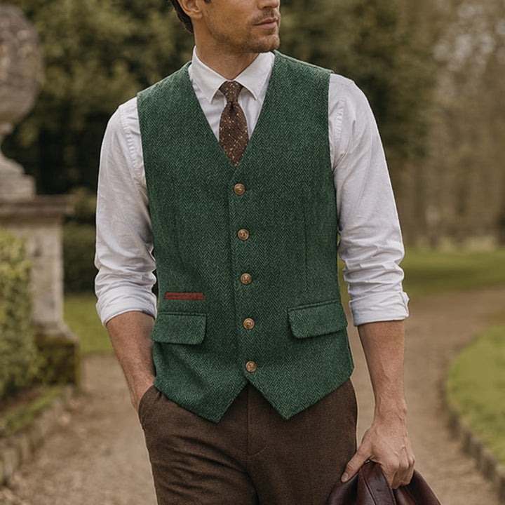 Gilet da uomo in tessuto a spina di pesce, spesso e casual, in stile britannico. - Verde - 3XL - image 7
