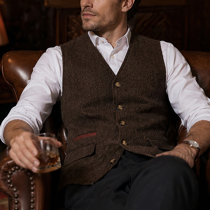Gilet da uomo in tessuto a spina di pesce, spesso e casual, in stile britannico. - Marrone scuro - 3XL - image 16