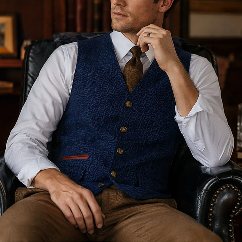 Gilet da uomo in tessuto a spina di pesce, spesso e casual, in stile britannico. - Blu - 3XL - image 14