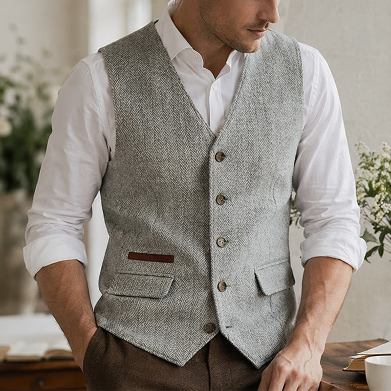 Gilet da uomo in tessuto a spina di pesce, spesso e casual, in stile britannico. - Argento - 3XL - image 12