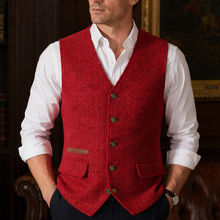 Gilet da uomo in tessuto a spina di pesce, spesso e casual, in stile britannico. - Rosso - 3XL - image 9