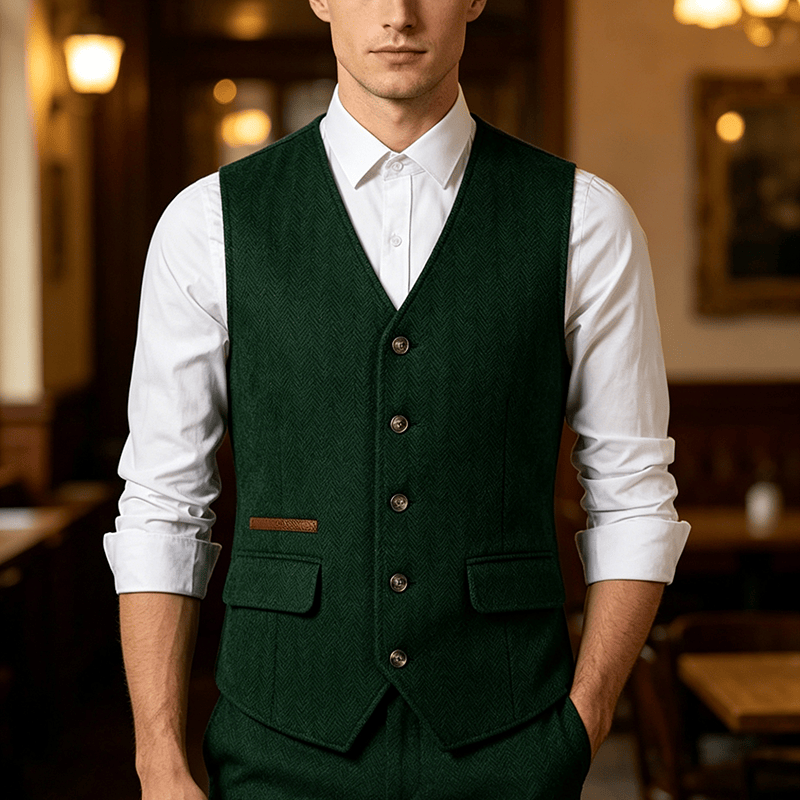 Gilet da uomo in tessuto a spina di pesce, spesso e casual, in stile britannico. - Verde scuro - 3XL - image 4