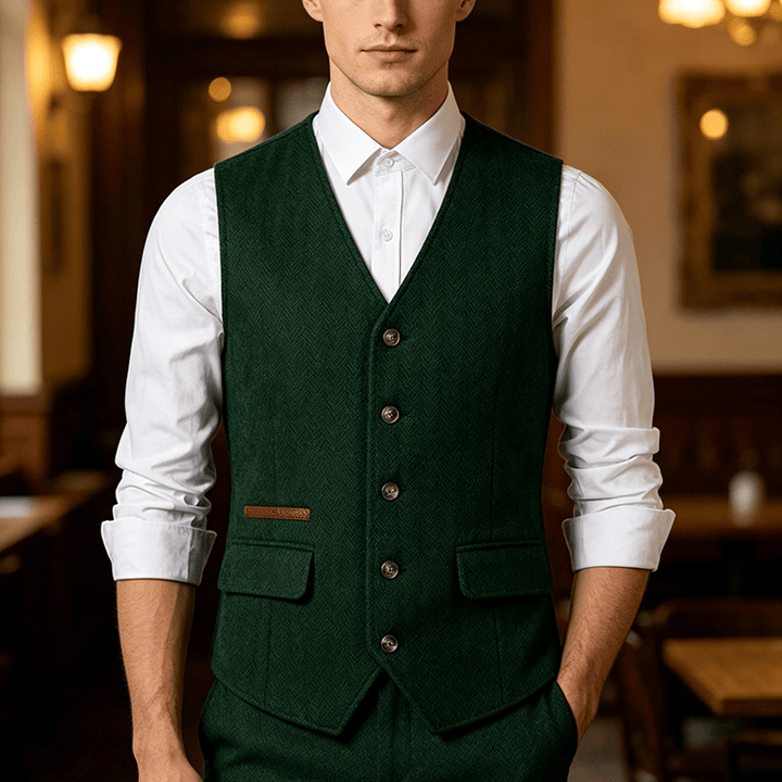 Gilet da uomo in tessuto a spina di pesce, spesso e casual, in stile britannico. - Verde scuro - 3XL - image 4