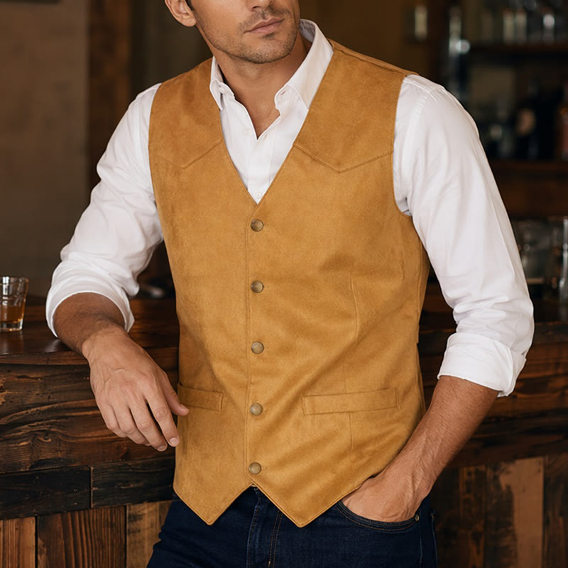 Gilet da uomo casual in stile western effetto camoscio, ideale da indossare a strati. - Giallo - 3XL - image 0