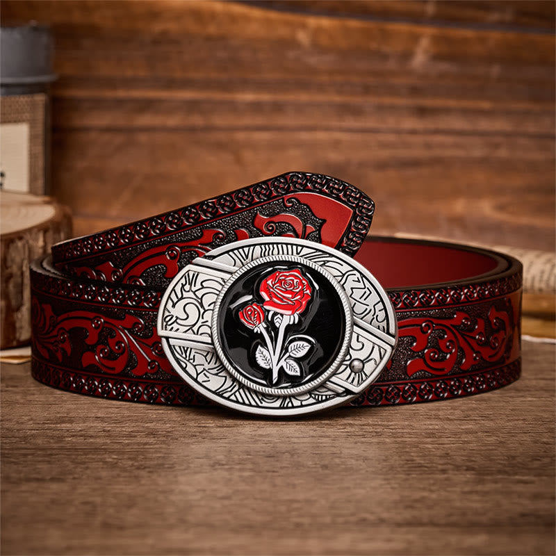 Cintura in pelle con fibbia a scomparsa a forma di rosa rossa romantica fai-da-te con coltello pieghevole. - Rosa rossa - Cintura intagliata marrone - 42 - image 6