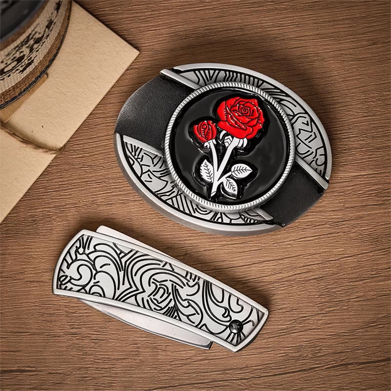 Cintura in pelle con fibbia a scomparsa a forma di rosa rossa romantica fai-da-te con coltello pieghevole. - image 9