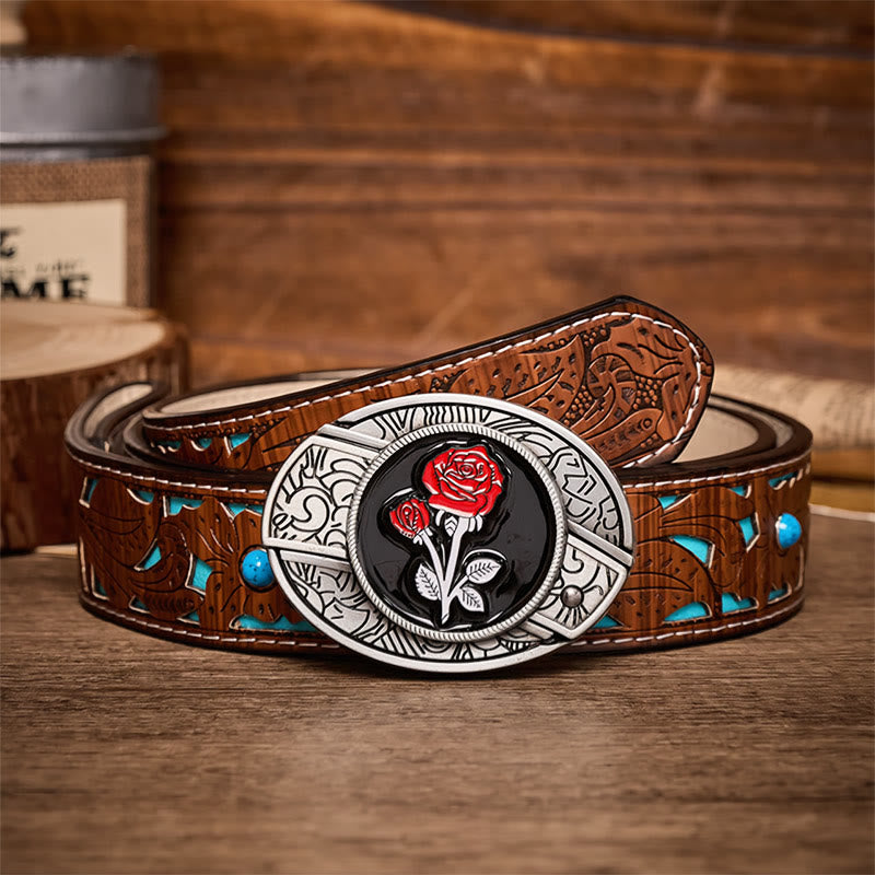 Cintura in pelle con fibbia a scomparsa a forma di rosa rossa romantica fai-da-te con coltello pieghevole. - Rosa rossa - Cintura turchese intagliata - 42 - image 3