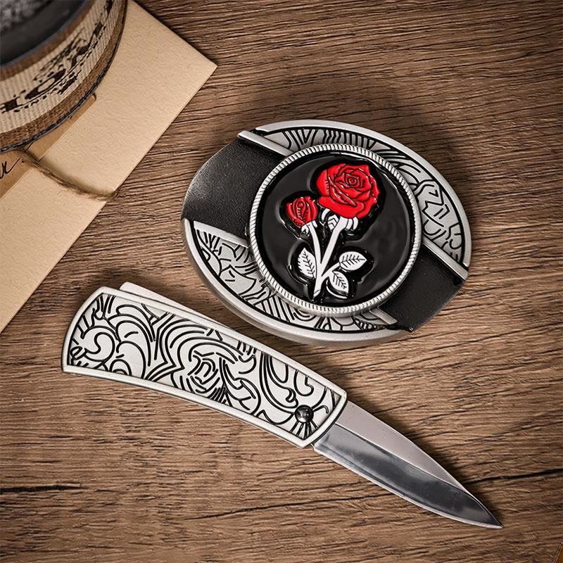 Cintura in pelle con fibbia a scomparsa a forma di rosa rossa romantica fai-da-te con coltello pieghevole. - image 1