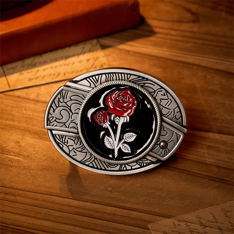 Cintura in pelle con fibbia a scomparsa a forma di rosa rossa romantica fai-da-te con coltello pieghevole. - Rosa rossa - Senza cintura - Cintura non inclusa - image 0