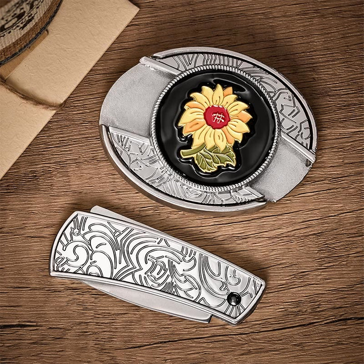 Cintura in pelle con fibbia a coltello pieghevole nascosto fai-da-te a forma di girasole. - image 9