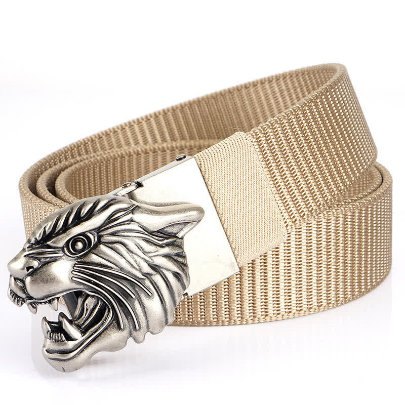 Cintura in nylon con testa di tigre ruggente da uomo - Beige / Argento - 48" - image 21
