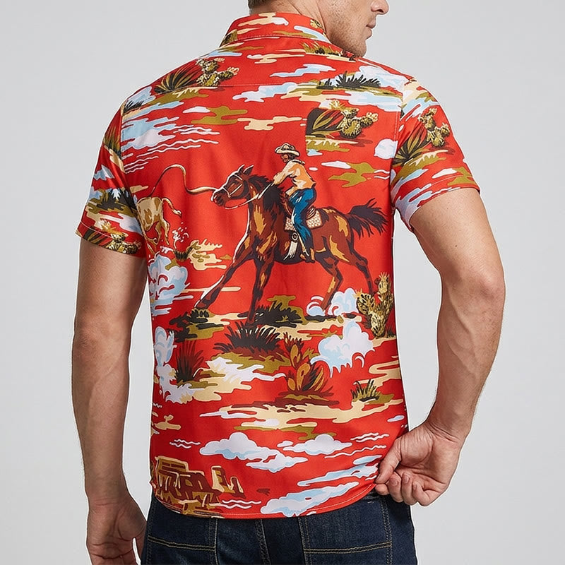 Maglietta rossa con stampa di cowboy del deserto e cactus in stile Far West - image 2