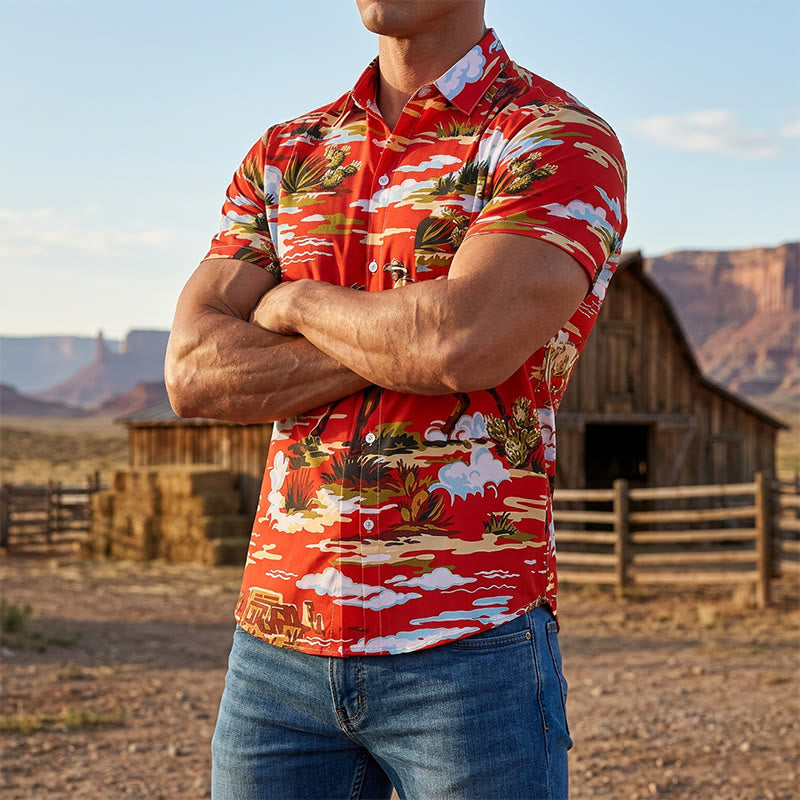 Maglietta rossa con stampa di cowboy del deserto e cactus in stile Far West - Rosso - 6XL - image 0