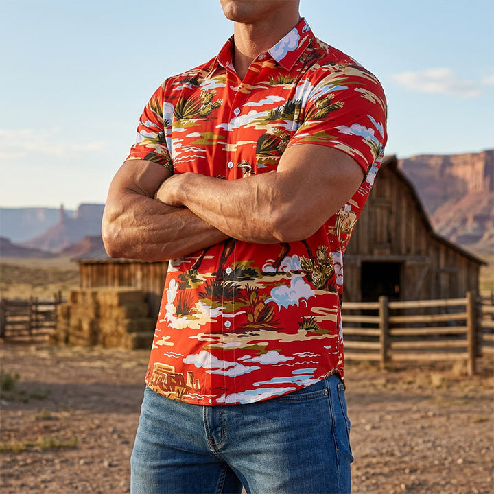 Maglietta rossa con stampa di cowboy del deserto e cactus in stile Far West - Rosso - 6XL - image 0