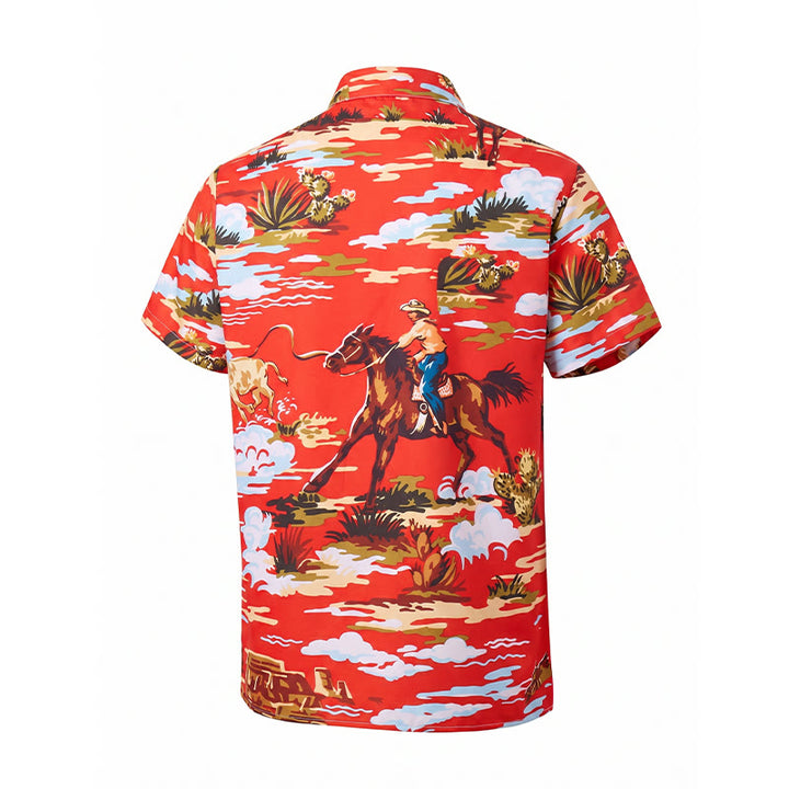 Maglietta rossa con stampa di cowboy del deserto e cactus in stile Far West - image 10