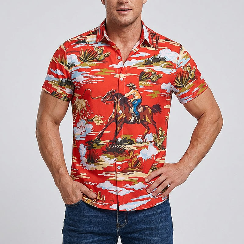 Maglietta rossa con stampa di cowboy del deserto e cactus in stile Far West - image 1