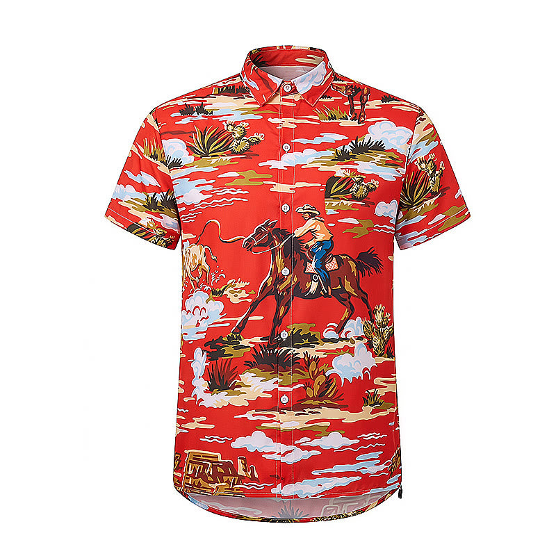 Maglietta rossa con stampa di cowboy del deserto e cactus in stile Far West - image 9