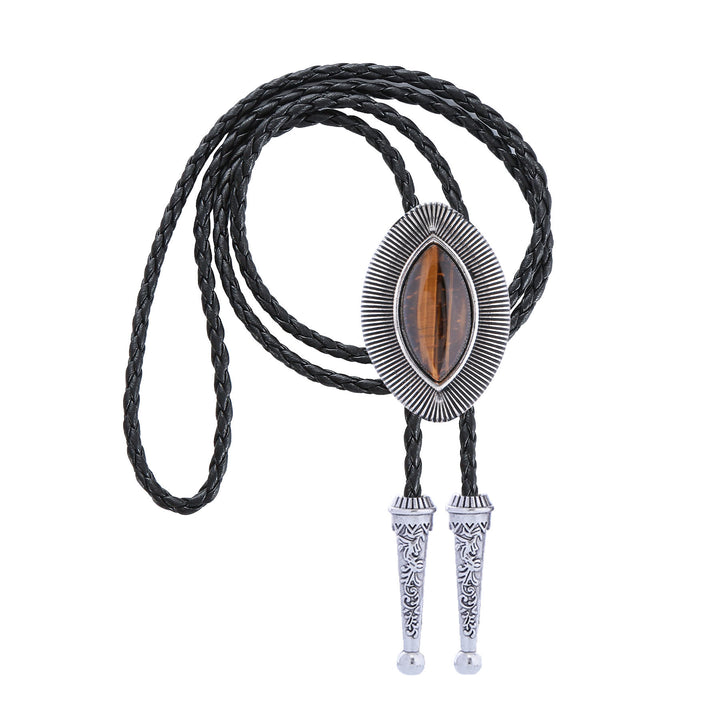Cravatta bolo vintage antica con bordo attorcigliato e pietra ovale occhio di gatto. - image 13