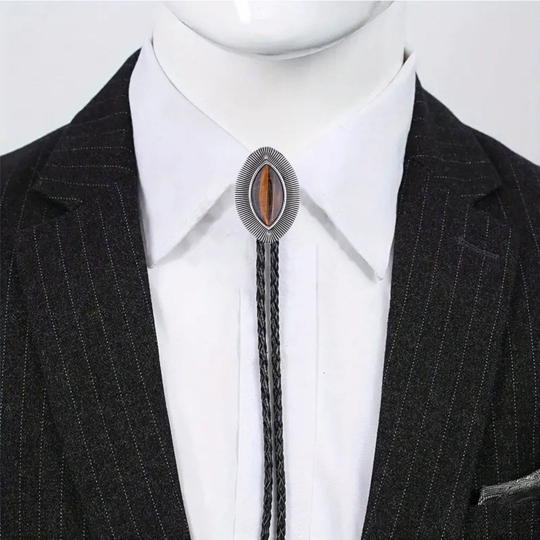 Cravatta bolo vintage antica con bordo attorcigliato e pietra ovale occhio di gatto. - image 10