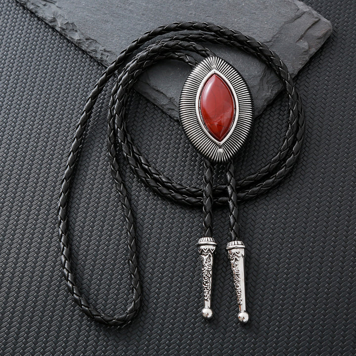 Cravatta bolo vintage antica con bordo attorcigliato e pietra ovale occhio di gatto. - Diaspro rosso - image 1