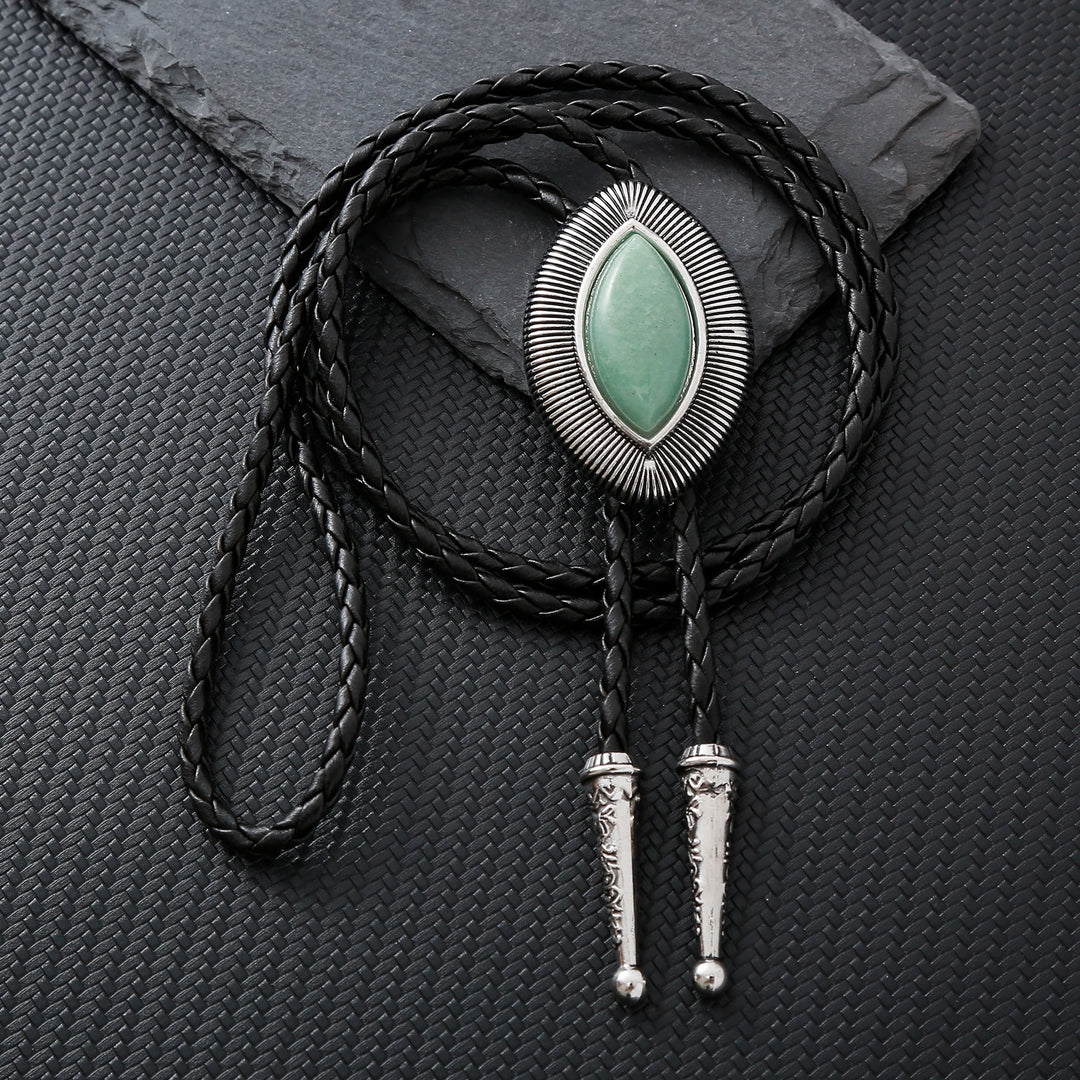 Cravatta bolo vintage antica con bordo attorcigliato e pietra ovale occhio di gatto. - Verde giada chiaro - image 2