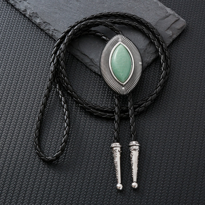 Cravatta bolo vintage antica con bordo attorcigliato e pietra ovale occhio di gatto. - Verde giada chiaro - image 2