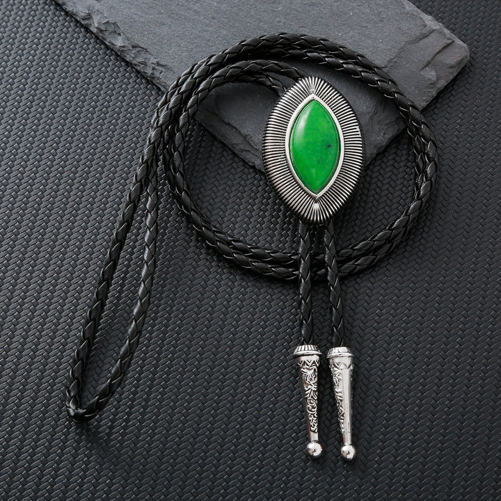 Cravatta bolo vintage antica con bordo attorcigliato e pietra ovale occhio di gatto. - Verde giada smeraldo - image 8
