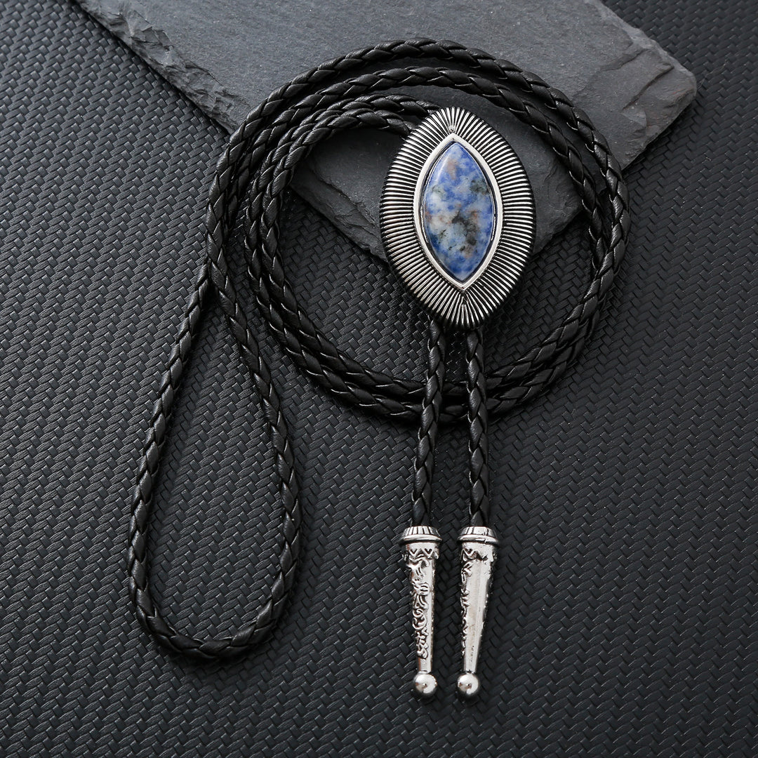 Cravatta bolo vintage antica con bordo attorcigliato e pietra ovale occhio di gatto. - Sodalite blu - image 6
