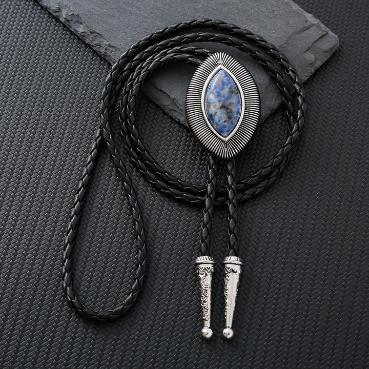 Cravatta bolo vintage antica con bordo attorcigliato e pietra ovale occhio di gatto. - Sodalite blu - image 6