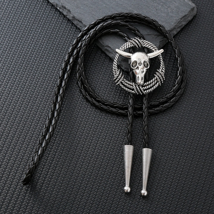 Cravatta bolo stile rock con teschio di toro e corda a corona. - Argento - image 0
