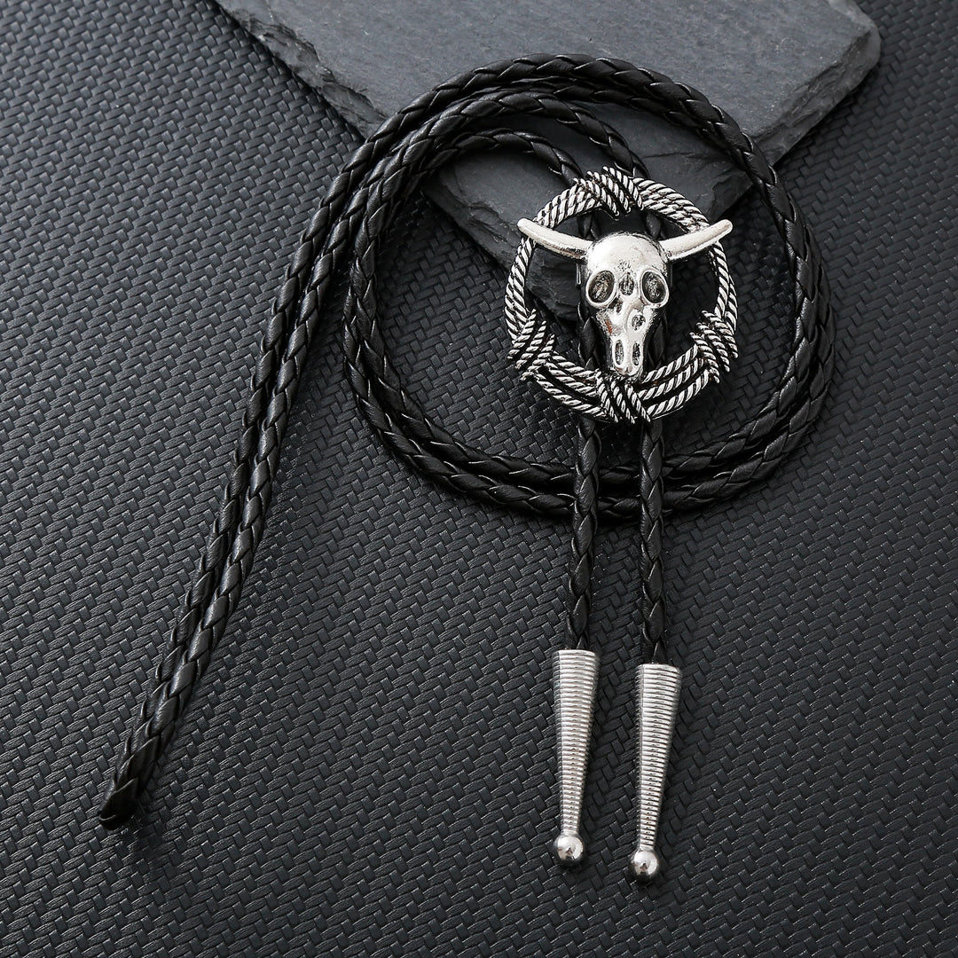Cravatta bolo stile rock con teschio di toro e corda a corona. - Argento - image 0