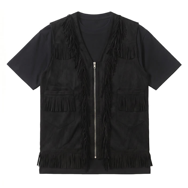 Gilet da uomo in pelle scamosciata con frange, stile western hippie - image 10