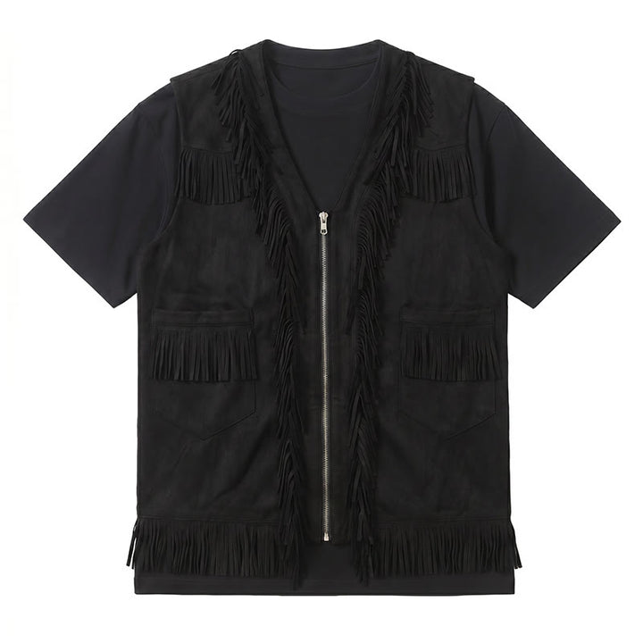 Gilet da uomo in pelle scamosciata con frange, stile western hippie - image 10