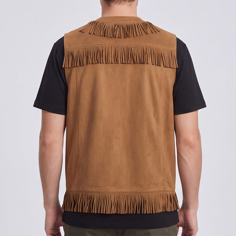 Gilet da uomo in pelle scamosciata con frange, stile western hippie - image 2