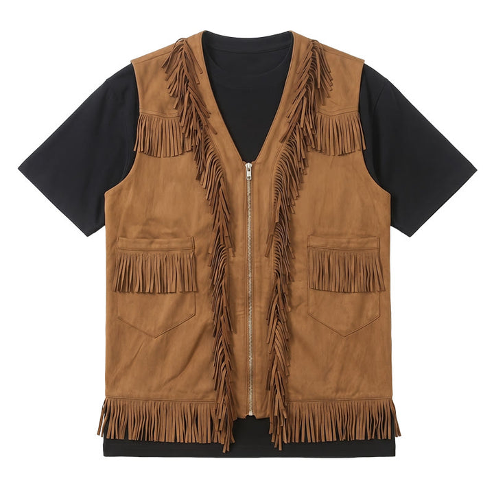 Gilet da uomo in pelle scamosciata con frange, stile western hippie - image 8