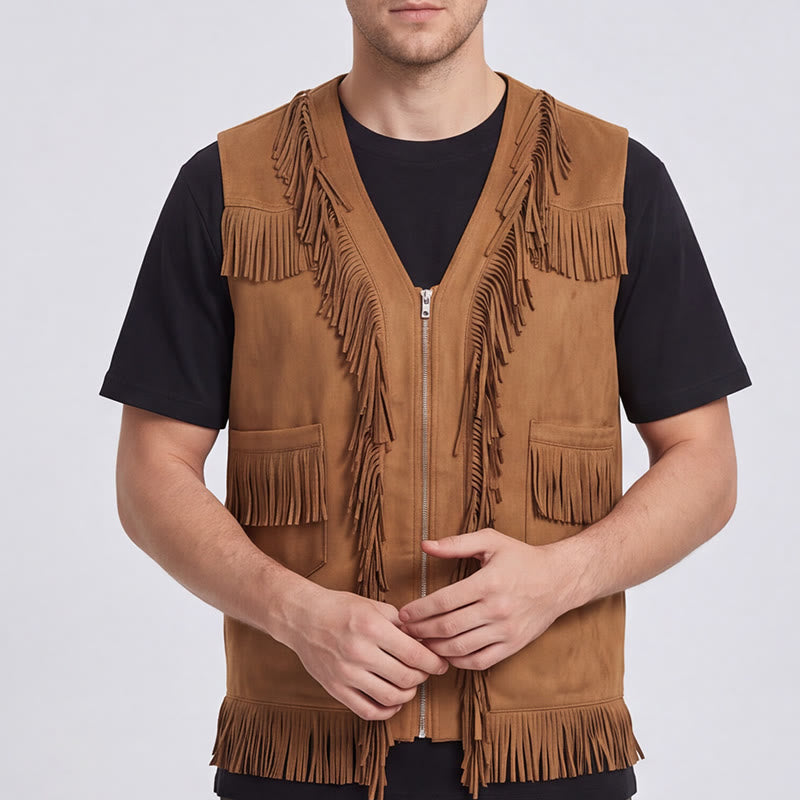 Gilet da uomo in pelle scamosciata con frange, stile western hippie - image 1