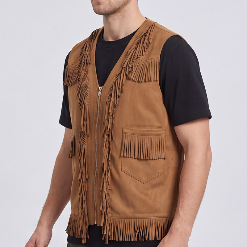 Gilet da uomo in pelle scamosciata con frange, stile western hippie - image 3