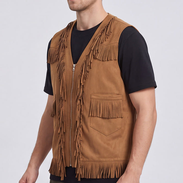 Gilet da uomo in pelle scamosciata con frange, stile western hippie - image 3