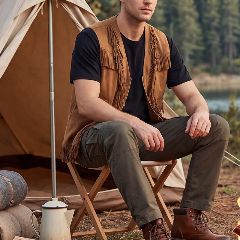 Gilet da uomo in pelle scamosciata con frange, stile western hippie - Marrone - 2XL - image 0