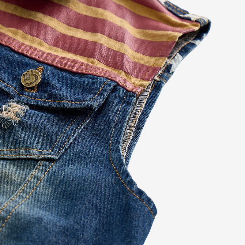 Gilet da uomo in denim stile coreano slim fit con bandiera americana effetto invecchiato - image 7