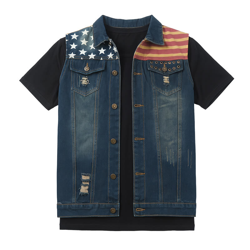 Gilet da uomo in denim stile coreano slim fit con bandiera americana effetto invecchiato - image 8