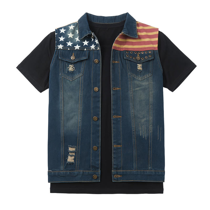Gilet da uomo in denim stile coreano slim fit con bandiera americana effetto invecchiato - image 8