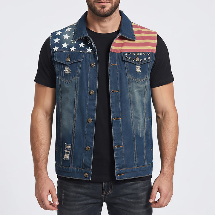 Gilet da uomo in denim stile coreano slim fit con bandiera americana effetto invecchiato - image 1