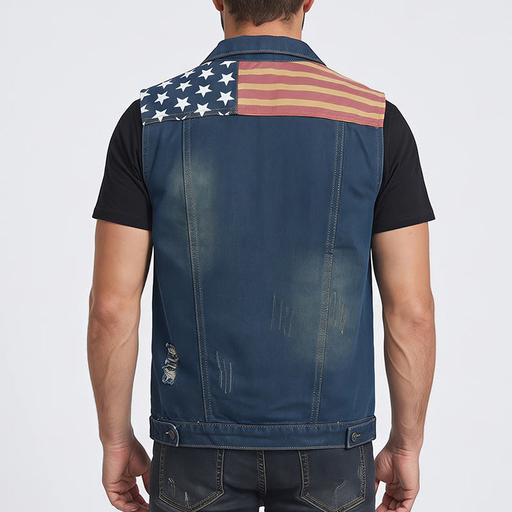 Gilet da uomo in denim stile coreano slim fit con bandiera americana effetto invecchiato - image 2